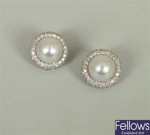 Pair of cultured pearl and diamond cluster stud