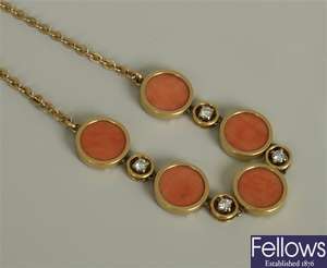 18ct gold coral and diamond necklace, with a