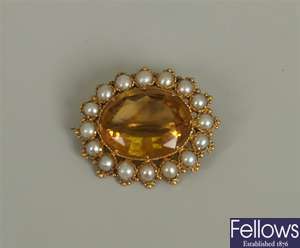 A Victorian citrine and split pearl cluster