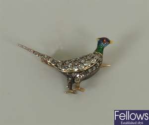 Pheasant design brooch with rose cut diamond body