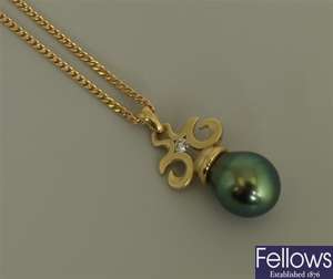 18ct gold cultured pearl and diamond pendant with