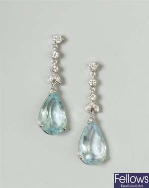 A pair of 18ct white gold diamond and aquamarine