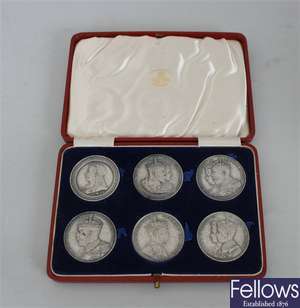 A cased set of six medallions, commemorating the