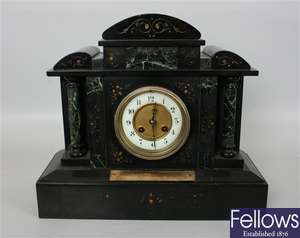 Two Victorian black slate mantel clocks and other