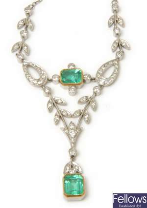 An emerald and diamond necklet in a foliate