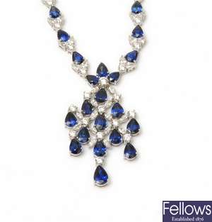 An elaborate sapphire and diamond necklet with a