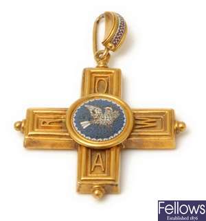 A Victorian micro mosaic cross pendant, with a