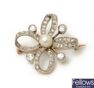 An early 20th century cultured pearl and diamond