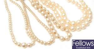 Four cultured pearl necklaces, to include a