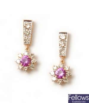 A pair of pink sapphire and diamond dropper
