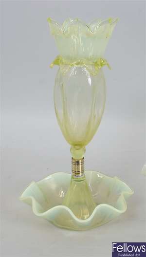 A Victorian green vaseline glass bowl with