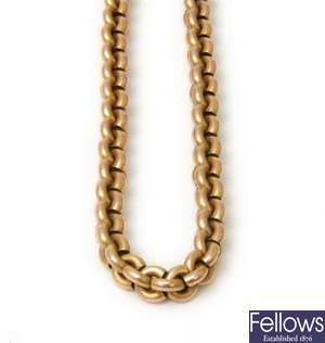 A 15ct gold fancy belcher link chain. Weight -