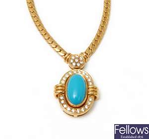 A turquoise and diamond cluster necklet with a