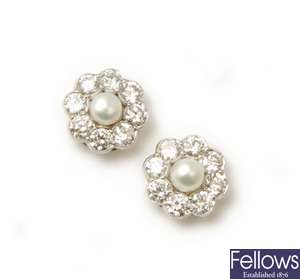 A pair of 18ct white gold cultured pearl and