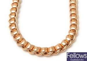 A 9ct rose gold roller ball link necklace. Weight