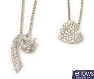 Two pendants, to include anheart shape pave round