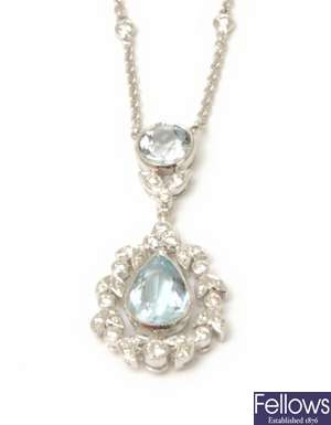 An aquamarine and diamond pendant and chain, the