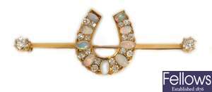 A Victorian opal and diamond bar brooch - the