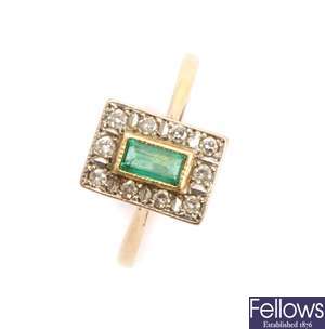 An emerald and diamond cluster ring, with a