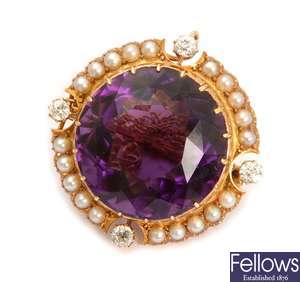 An Edwardian 15ct gold amethyst, pearl and