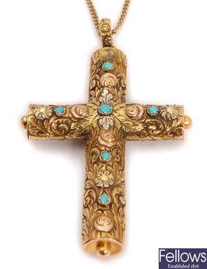 A continental hollow turquoise set cross pendant,