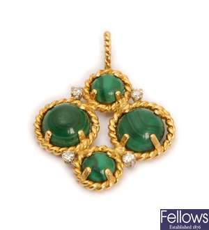 A 1970's 18ct gold malachite and diamond pendant,