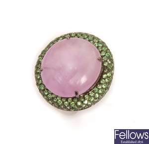 A rose quartz and green garnet cluster ring,
