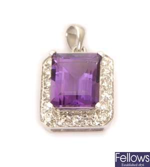 An amethyst and diamond cluster pendant,
