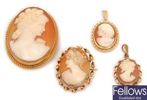 Four shell cameo items, to include a 9ct gold