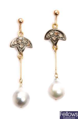 A pair of diamond and cultured pearl dropper