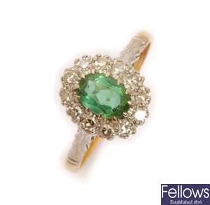 An 18ct gold green tourmaline and diamond cluster