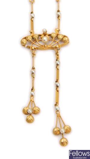 A French ornate seed pearl set pendant,