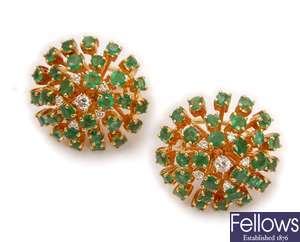 A pair of emerald and diamond circular cluster