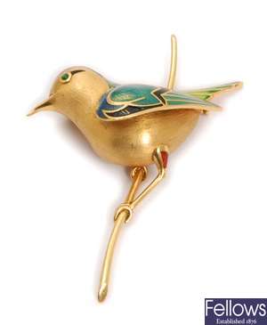 A French enamelled bird design brooch, depicting