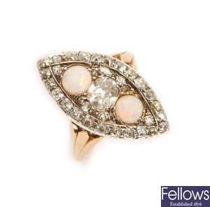 A marquise shape opal and diamond up finger ring,