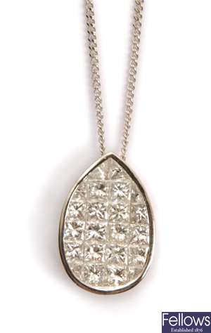 A modern 18ct white gold and diamond drop-shaped