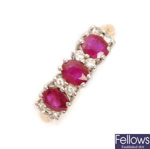 An 18ct gold ruby and diamond ring, comprising