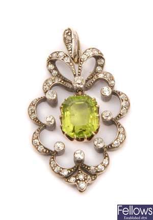 A late Victorian peridot and diamond pendant,