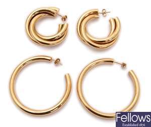 Five pairs of 9ct gold hoop earrings in various