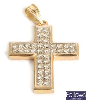 A round brilliant diamond set cross pendant, in a
