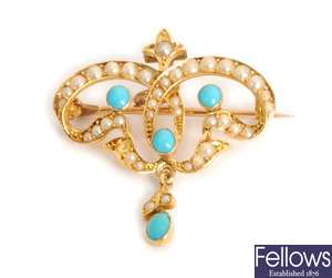 An Edwardian split pearl and turquoise brooch of