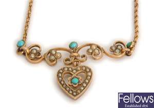 An Edwardian split pearl and turquoise necklace,