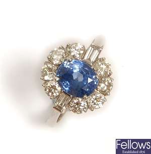 A 14ct white gold sapphire and diamond cluster