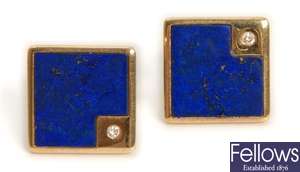 A pair of 9ct gold lapis lazuli and diamond set