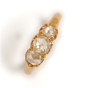 A Victorian three stone rose cut diamond ring,