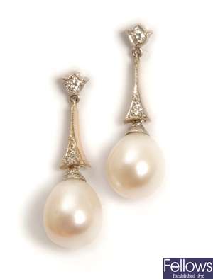 A pair of cultured pearl and diamond dropper
