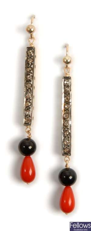A pair of 9ct gold stone set dropper earrings,