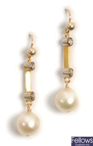 A pair of cultured pearl and diamond set dropper