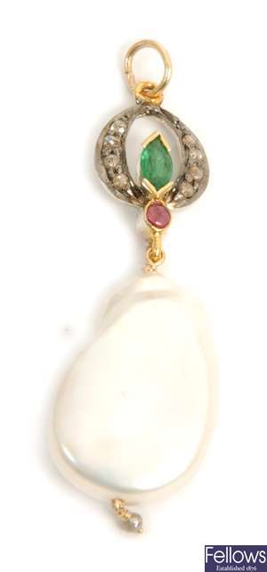 An emerald, garnet, diamond and cultured pearl