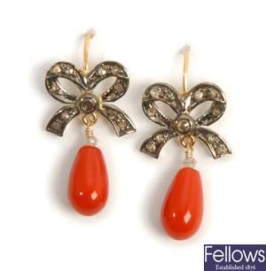 A pair of coral and diamond set dropper earrings,